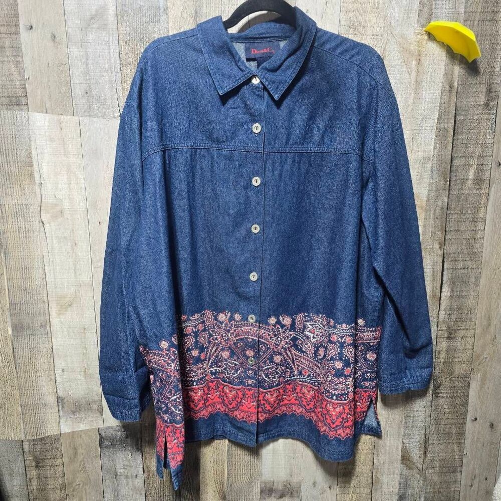 Denim & Co Vintage Denim Jean Bandana Paisley Button Up Shirt 2x Fall Plus Basic